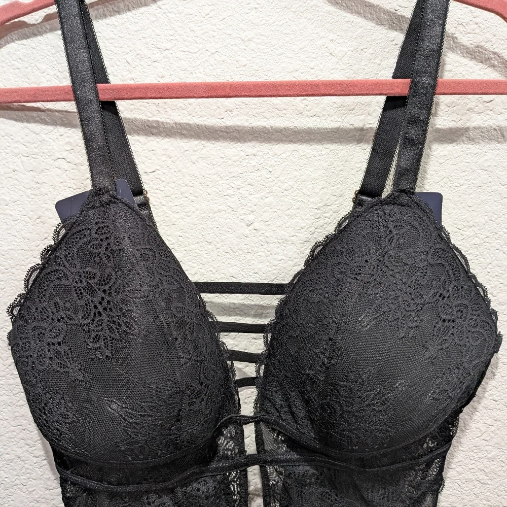 Rachel Roy Curvy Lace High Cut Teddy Bodysuit Black 1X NWT Sheer Lingerie - Picture 6 of 10